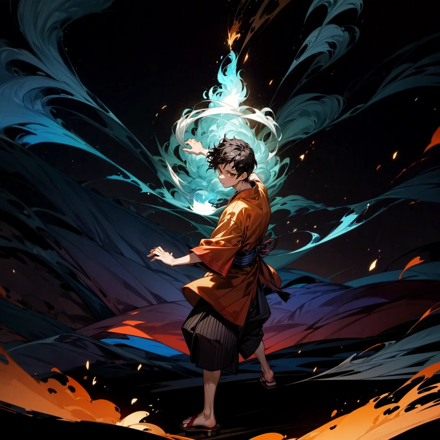 Solo, boy, full body version, Grassroots, ultra detailed, motion blur, brown eyes, black hair, short haircut, ancient Japanese traditional clothing style, Sandals, full background fire town, (one piece style art), standing gesture, big fire on hand, big fire in hand, Face focuses on hands, smoke effect on background, plasma effect, aura effect, light fire effect on hand, high angle view, bandage 