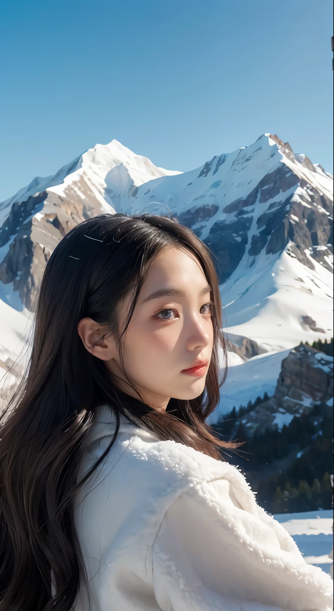 ((master piece)),best quality, illustration, dark, 1girl, In the wilderness,High mountain,Snow-capped mountains in the distance, castle, beautiful detailed eyes,  beautiful detailed hair,