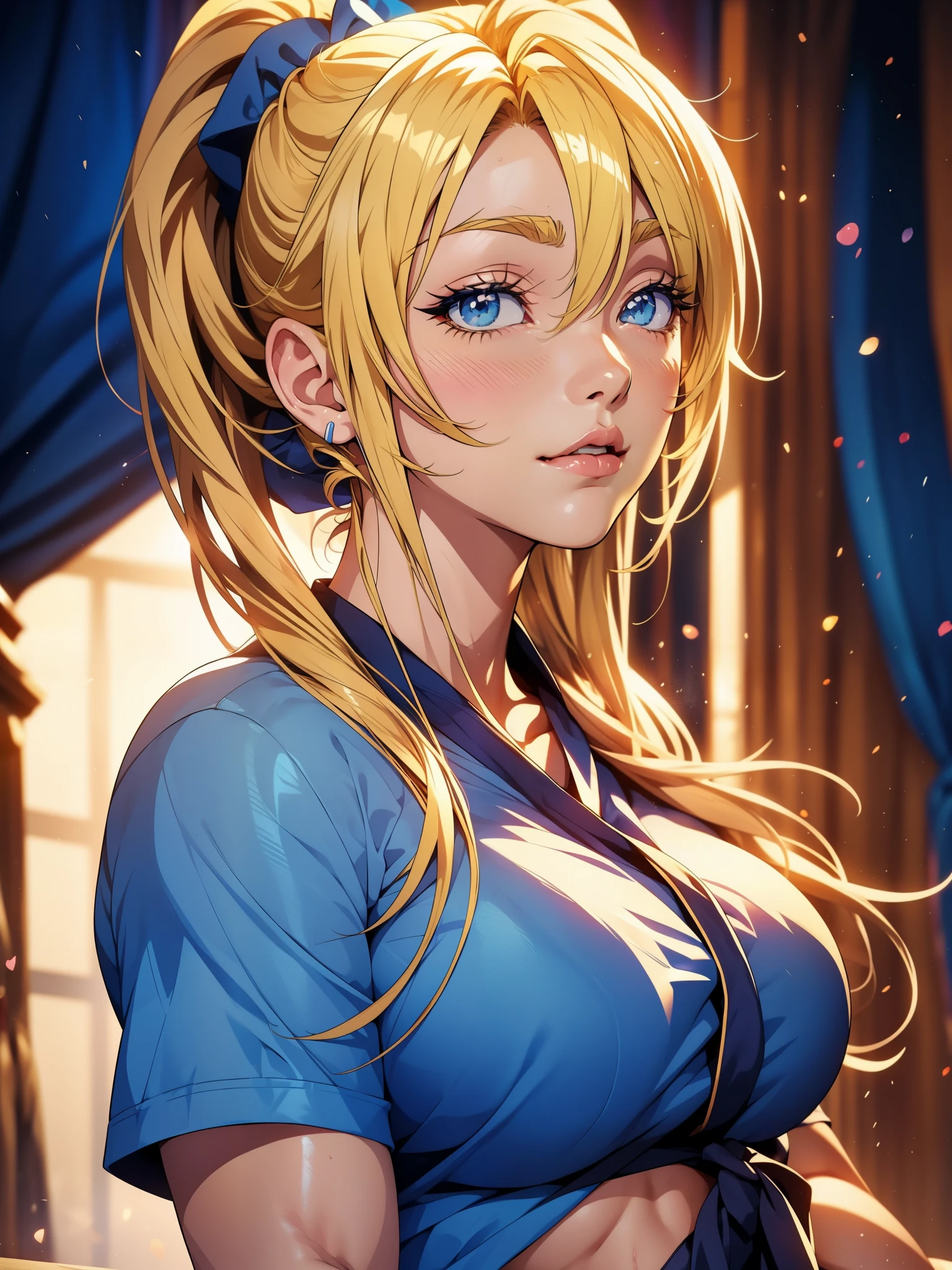 1girl, solo, portrait of a woman with blonde hair, long flowing pigtails, wearing a blue shirt, wearing a t-shirt, shirt tied in a shirt knot, exposed navel, anime illustration, anime girls, vivid colors, detailed facial features, dramatic lighting, digital painting, trending on ArtStation