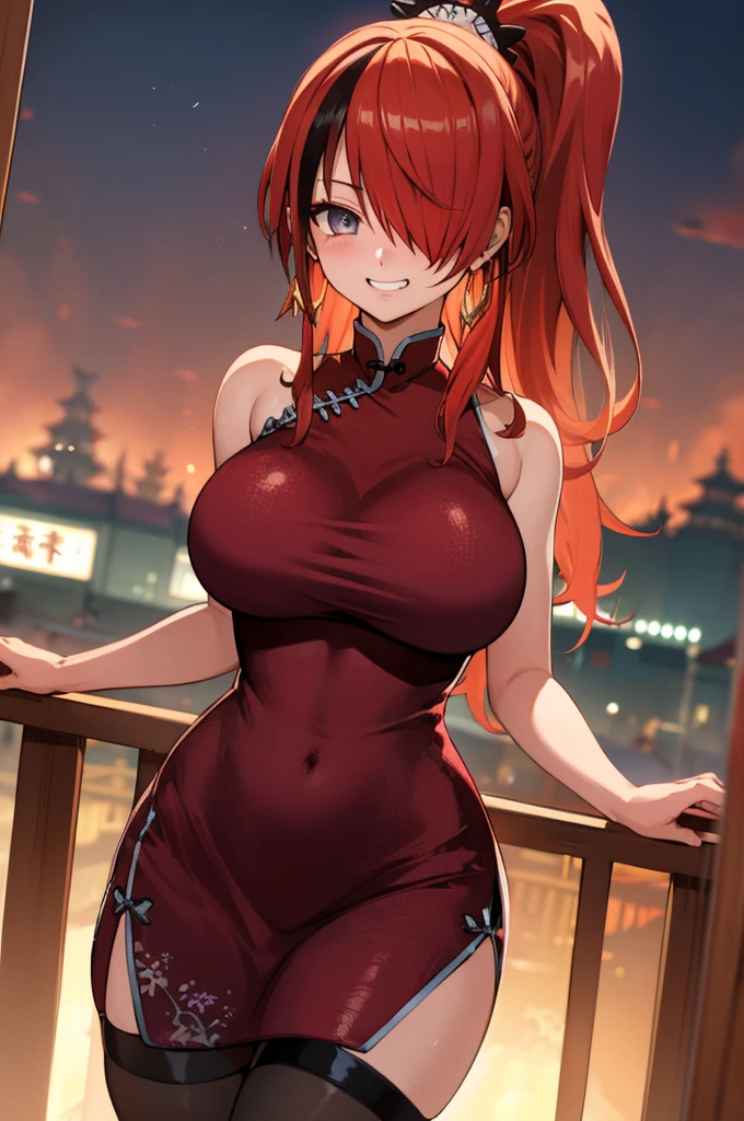 masterpiece, best quality, highres, hmlain, long hair, , ponytail, streaked hair, hair over one eye,, , hair over one eye, earrings, huge breasts,(((china dress))),outdoor,looking viewer,cowboy shot,grin,thighhighs,slit,sleeveless