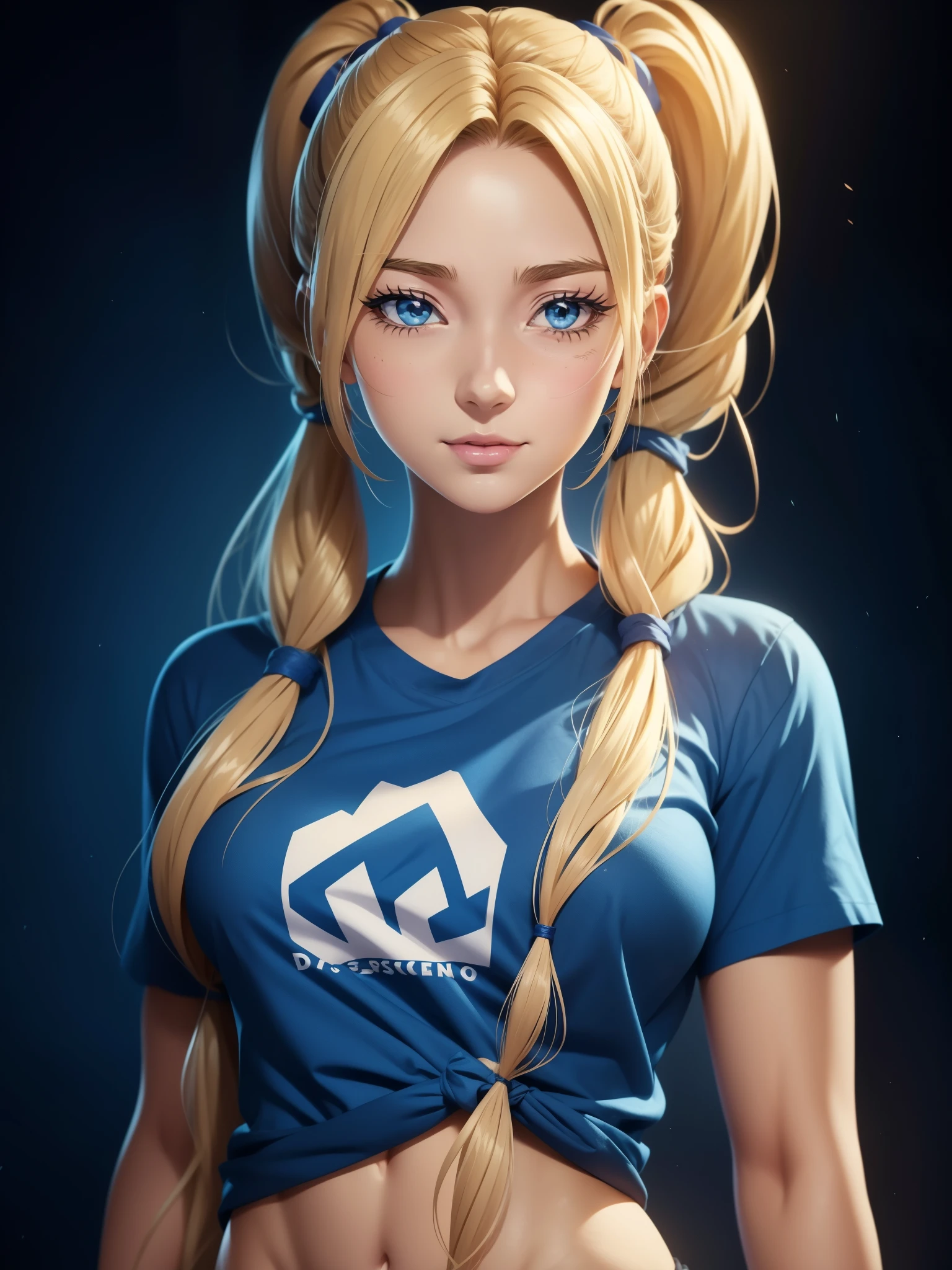 1girl, solo, portrait of a woman with blonde hair, long flowing pigtails, wearing a blue shirt, wearing a t-shirt, shirt tied in a shirt knot, exposed navel, anime illustration, anime girls, vivid colors, detailed facial features, dramatic lighting, digital painting, trending on ArtStation