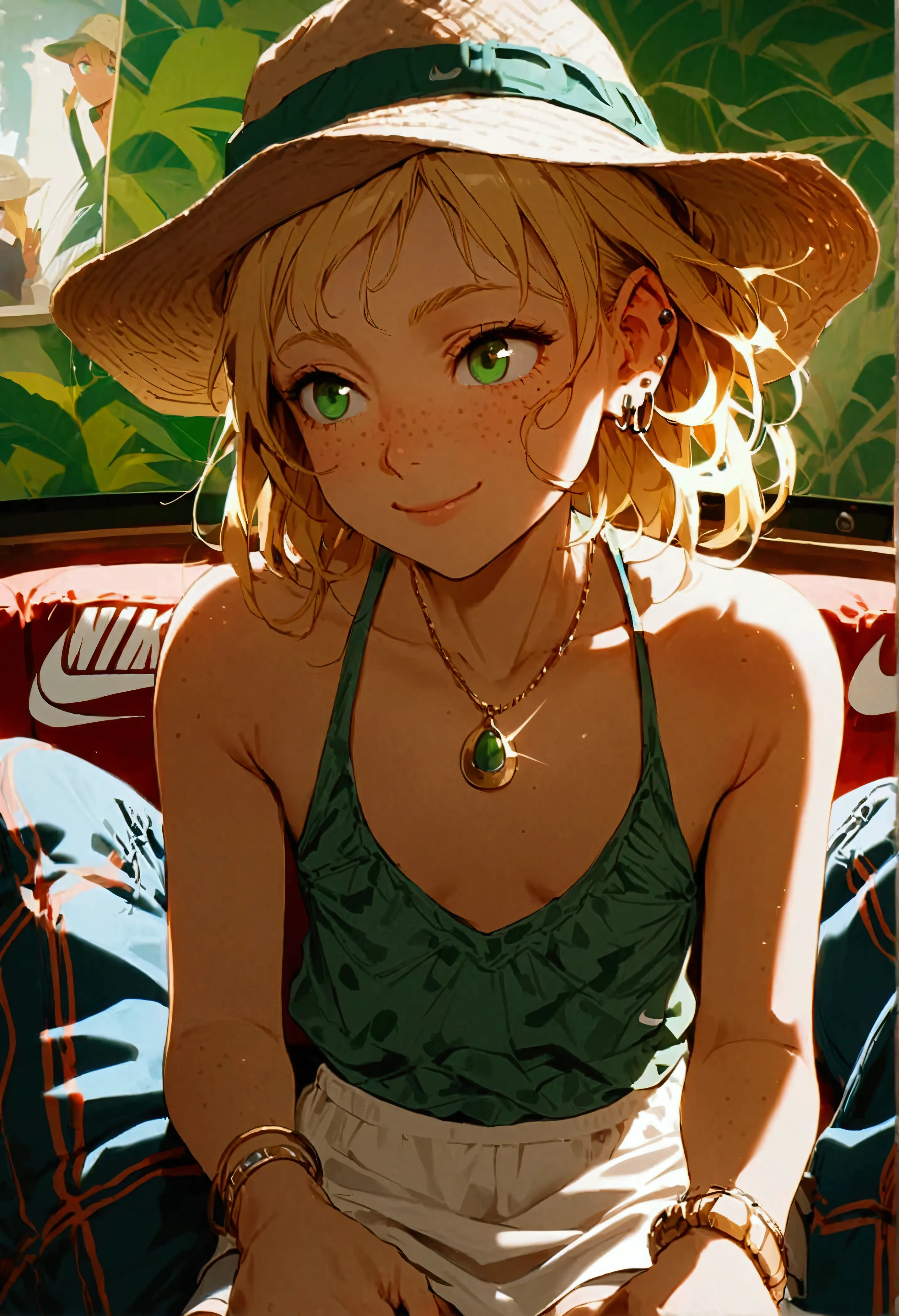 cheeky, freckled, blonde girl, green eyes, flat chest, pert butt, fishing hat, ear piercing, expensive pendant, bracelet, tight ...