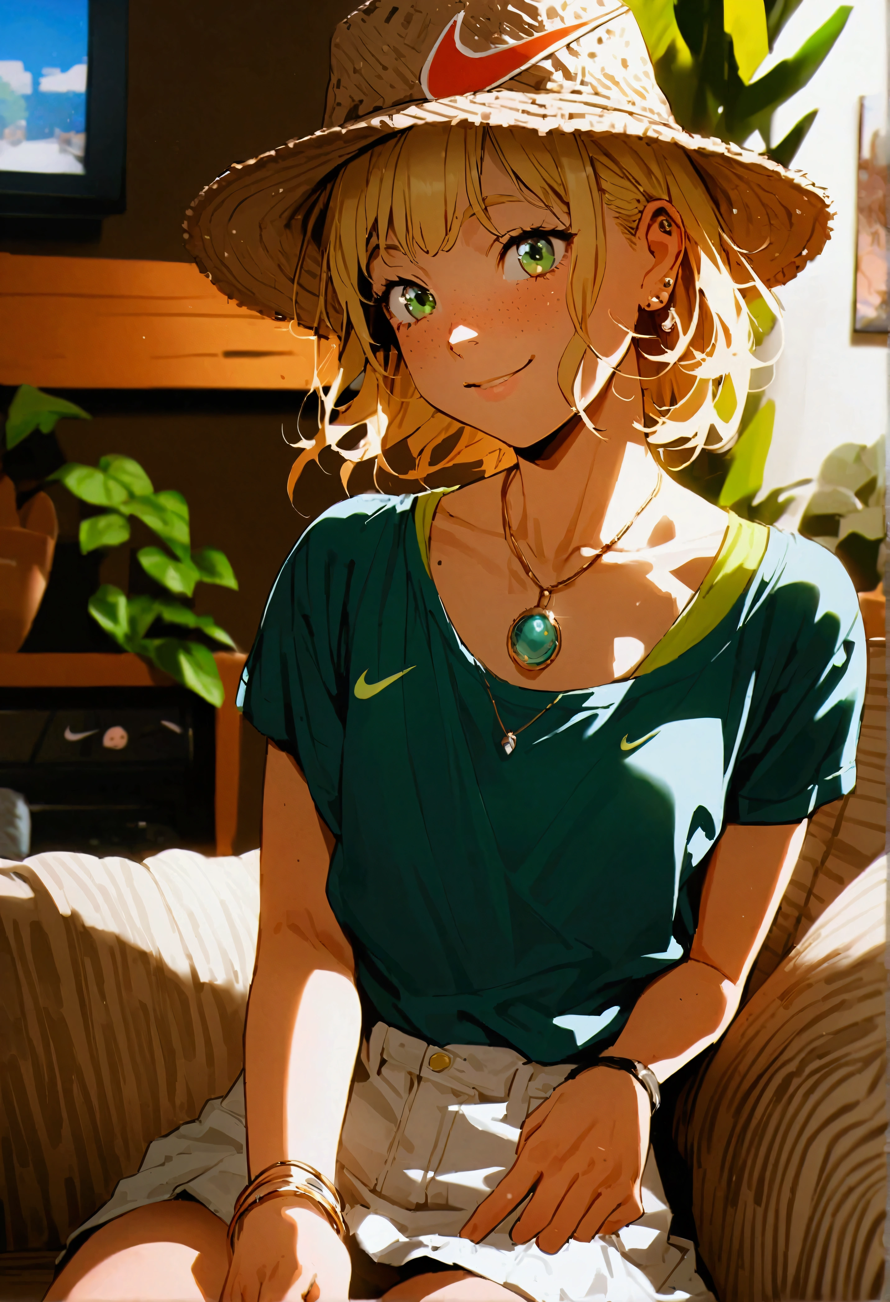 cheeky, freckled, blonde girl, green eyes, flat chest, pert butt, fishing hat, ear piercing, expensive pendant, bracelet, tight t-shirt, jeans, white mini skirt, Nike sneakers, cheeky smile, sitting on the couch house, tv background, echi, cinematic, dramatic, POV, dynamic view, full body,