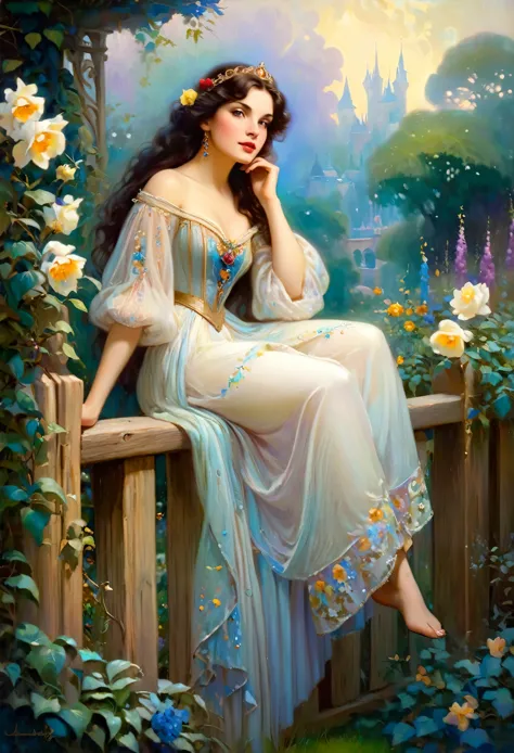 painting of a woman sitting on a fence in a garden, inspired by Gaston Bussière, inspired by Théodore Chassériau, lovely languid princess, beautiful maiden, fantasy genre portrait, inspired by James C. Christensen, tomas kinkade, beautiful fantasy maiden, portrait of princess, fairytale painting, princess portrait, portrait of snow white