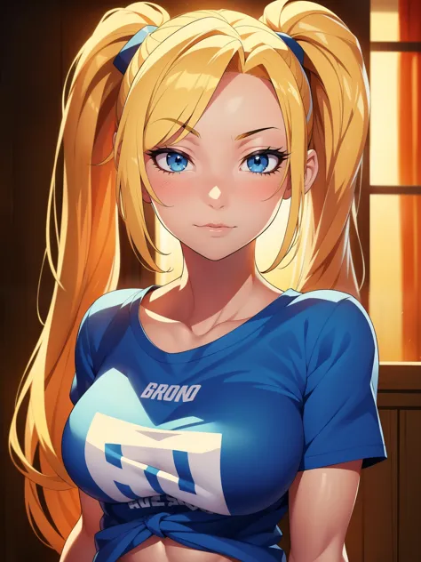 1girl, solo, portrait of a woman with blonde hair, long flowing pigtails, wearing a blue shirt, wearing a t-shirt, shirt tied in...