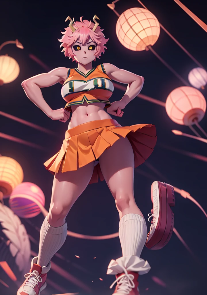 mina ashido, 1girl, solo, looking at viewer, short hair, simple background, yellow eyes, pink hair, horns, colored skin, colored sclera, black sclera, pink skin, U.A. CheerUniform, orange skirt, (bare belly), perfect shading, bare shoulders, big breasts