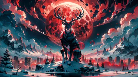 ((best quality)), ((masterpiece)), (detailed), full moon, red theme, redmoon, mountains and a big city, with many shiny skyscrapers inside a mountain valley in the center, highly detailed, eyeless, skeleton headed, wearing a bone crown, red demon deer on mountaintop on the right edge of the picture, looking down onto the city, emitting neon purple light, ray tracing, looking over the shoulder of the deer downwards to the city, the deer is seen from behind, UHD, red clouds, red rain drops fall down from the sky