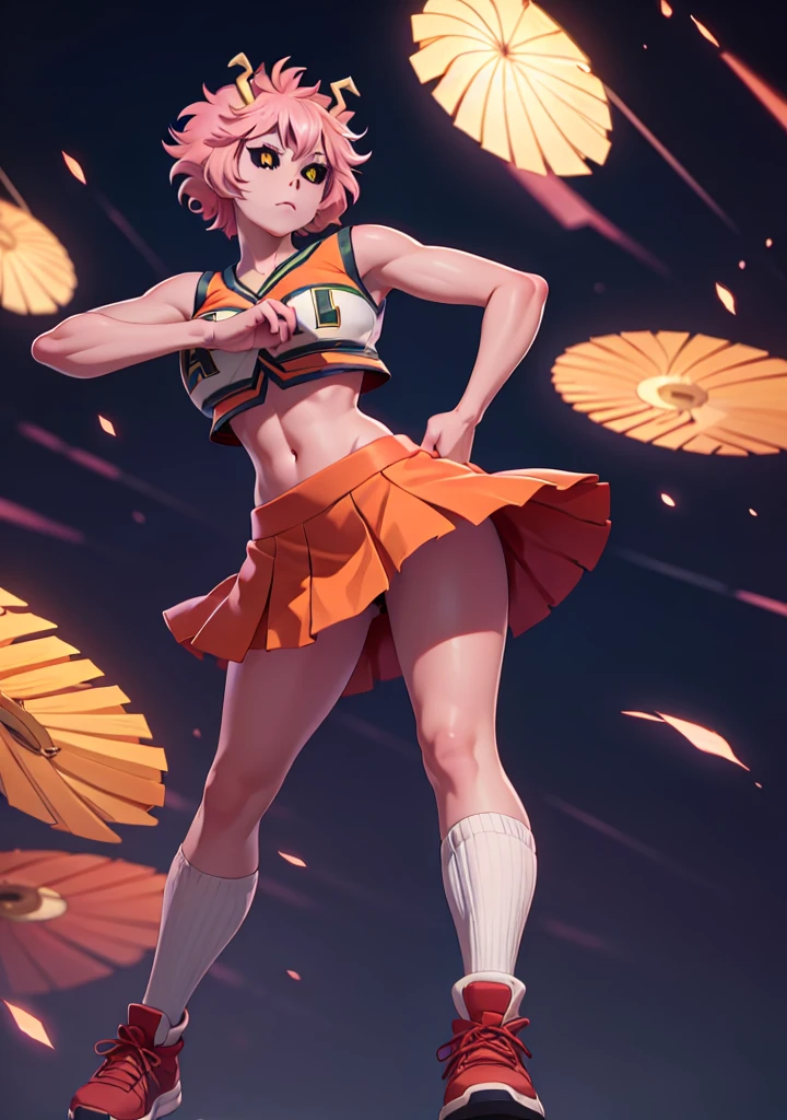 mina ashido, 1girl, solo, looking at viewer, short hair, simple background, yellow eyes, pink hair, horns, colored skin, colored sclera, black sclera, pink skin, U.A. CheerUniform, orange skirt, (bare belly), perfect shading, bare shoulders, big breasts