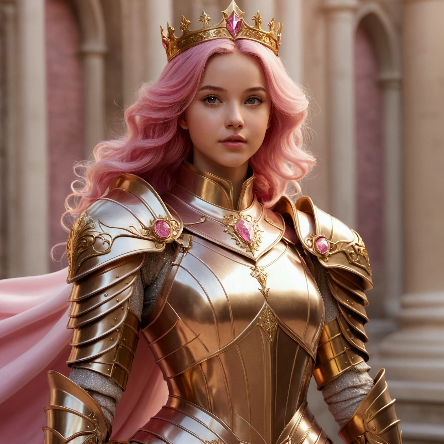 arafed woman in a gold armor and pink hair with a pink cape, girl in knight armor, dove cameron in a knight armor, beautiful female knight, of a beautiful female knight, alluring elf princess knight, 3 d render character art 8 k, a beautiful fantasy empress, dressed in light armor, fantasy style 8 k octane render, portrait knights of zodiac girl