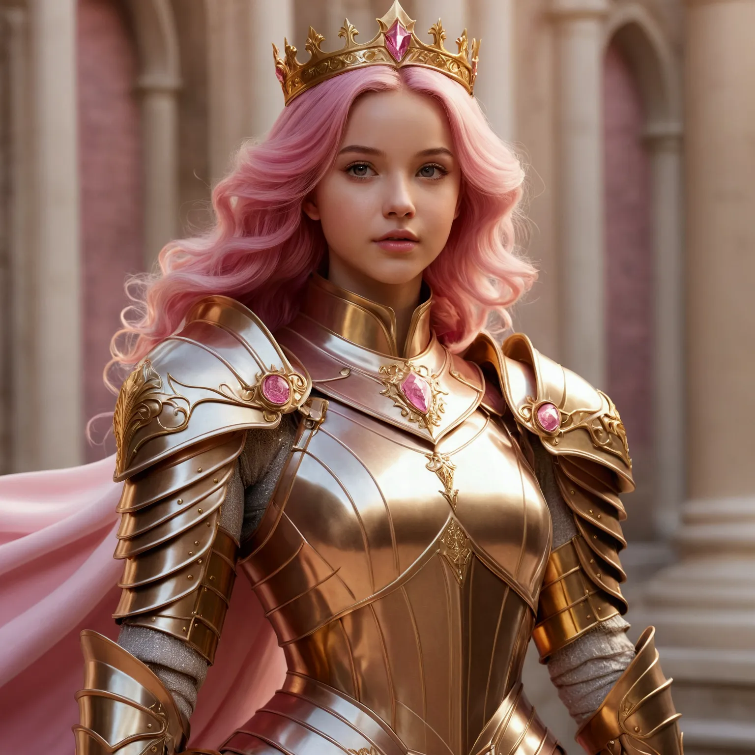 arafed woman in a gold armor and pink hair with a pink cape, girl in knight armor, dove cameron in a knight armor, beautiful fem...