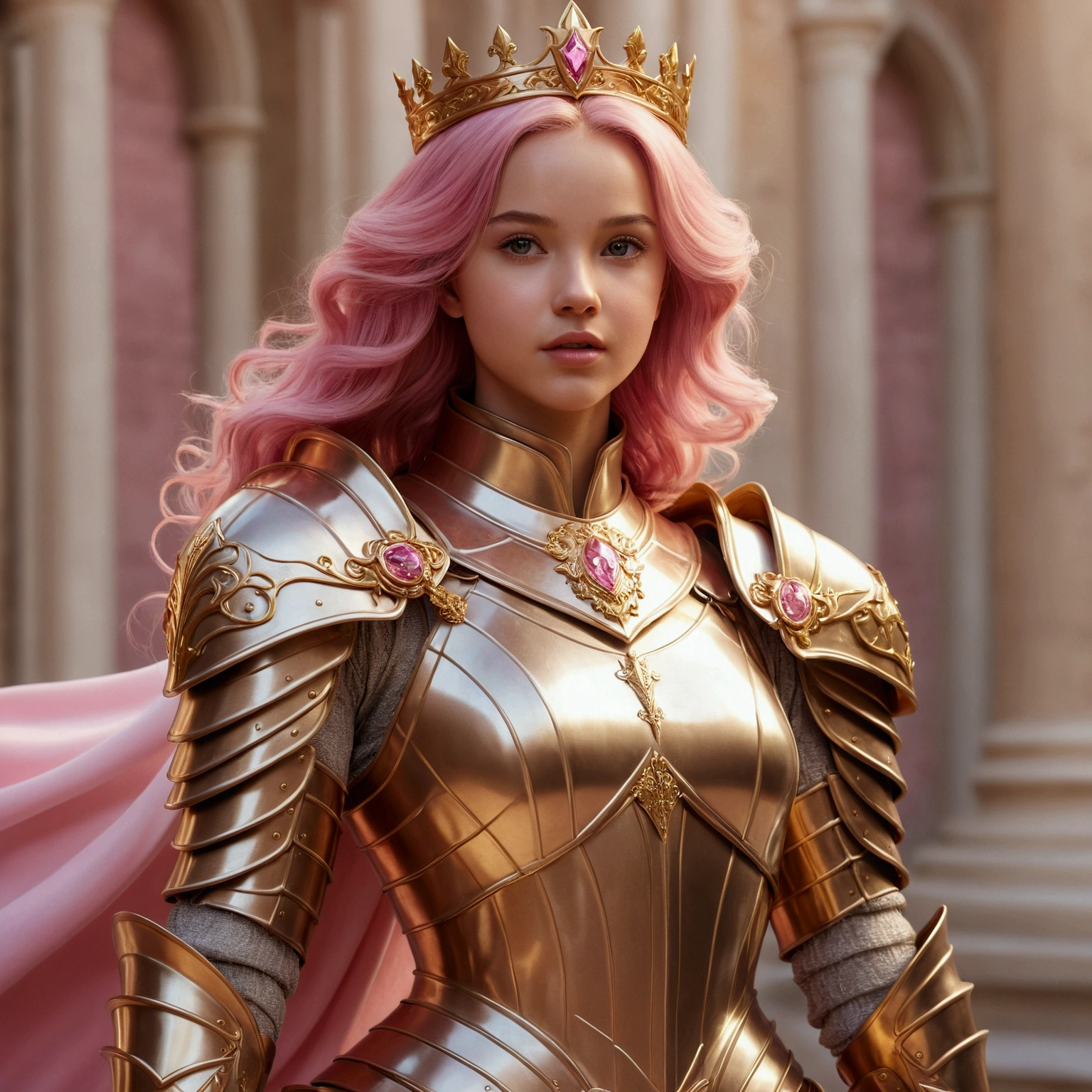 arafed woman in a gold armor and pink hair with a pink cape, girl in knight armor, dove cameron in a knight armor, beautiful female knight, of a beautiful female knight, alluring elf princess knight, 3 d render character art 8 k, a beautiful fantasy empress, dressed in light armor, fantasy style 8 k octane render, portrait knights of zodiac girl