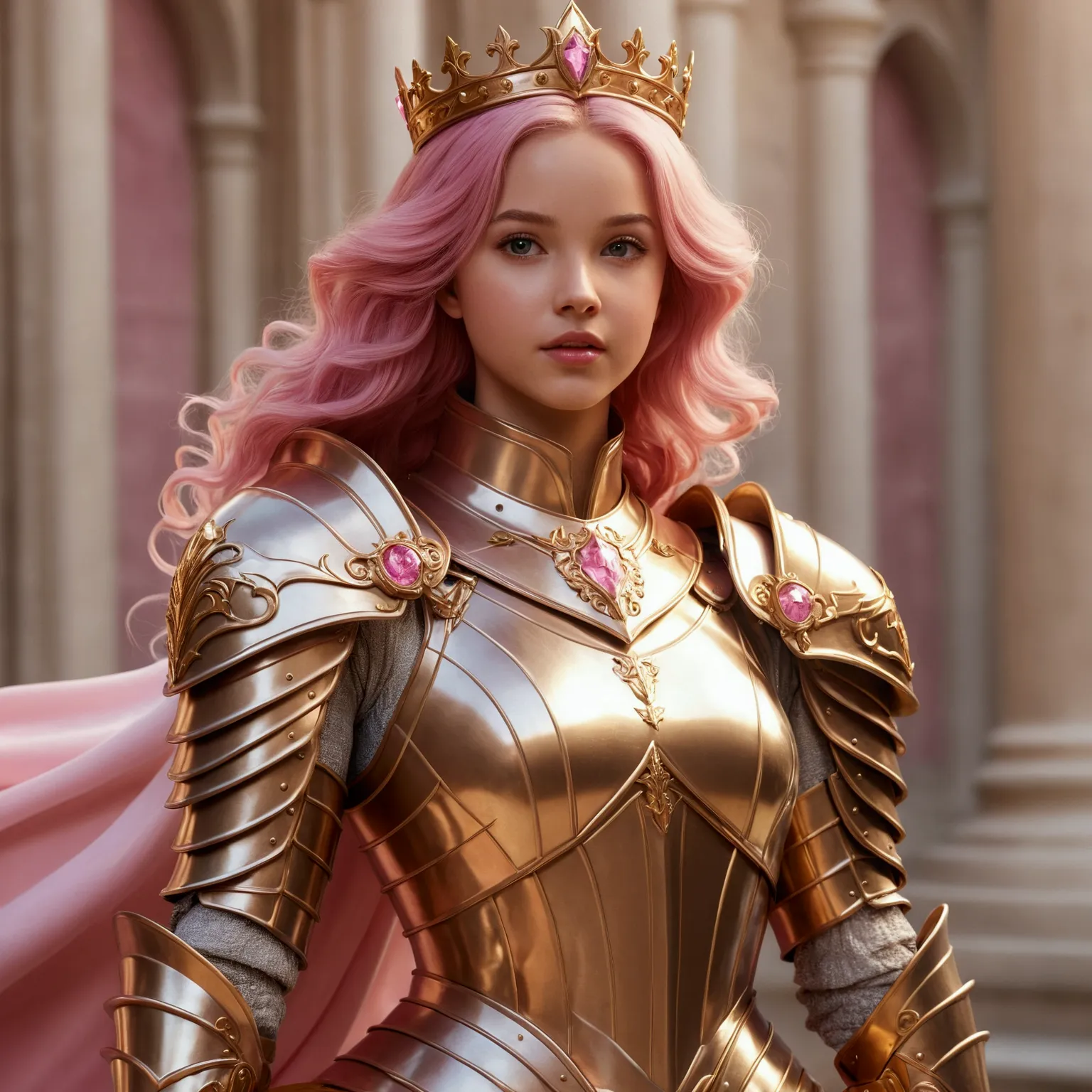 arafed woman in a gold armor and pink hair with a pink cape, girl in knight armor, dove cameron in a knight armor, beautiful fem...