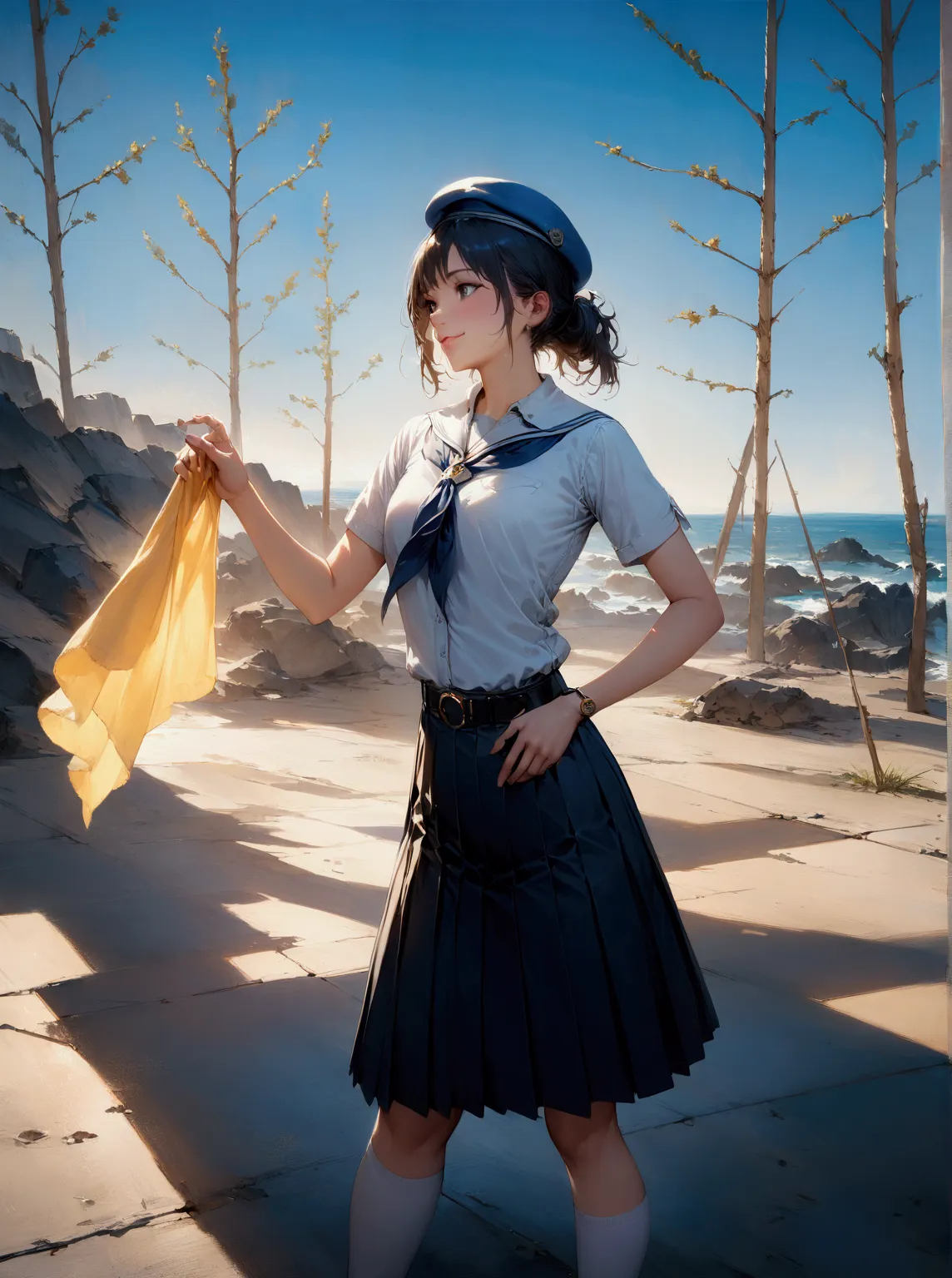 realistic anime illustration of pretty teenage girl smiling and touching a yellow handkerchief on sunny day, black long hair girl, she wearing cornflower-blue short sleeves collared shirt, navy-blue neckerchief, navy-blue pleated pencil long skirt, black b...