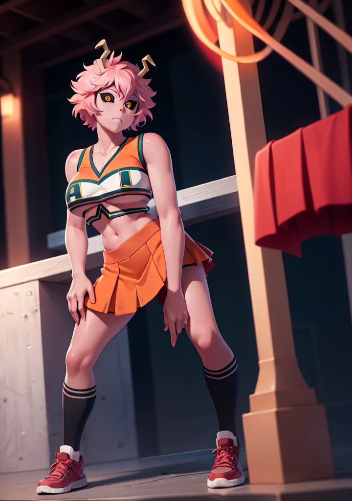 mina ashido, 1girl, solo, looking at viewer, short hair, simple background, yellow eyes, pink hair, horns, colored skin, colored sclera, black sclera, pink skin, U.A. CheerUniform, orange skirt, (bare belly), perfect shading, bare shoulders, big breasts