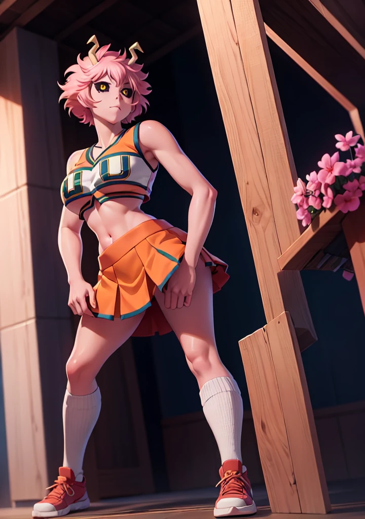 mina ashido, 1girl, solo, looking at viewer, short hair, simple background, yellow eyes, pink hair, horns, colored skin, colored sclera, black sclera, pink skin, U.A. CheerUniform, orange skirt, (bare belly), perfect shading, bare shoulders, big breasts