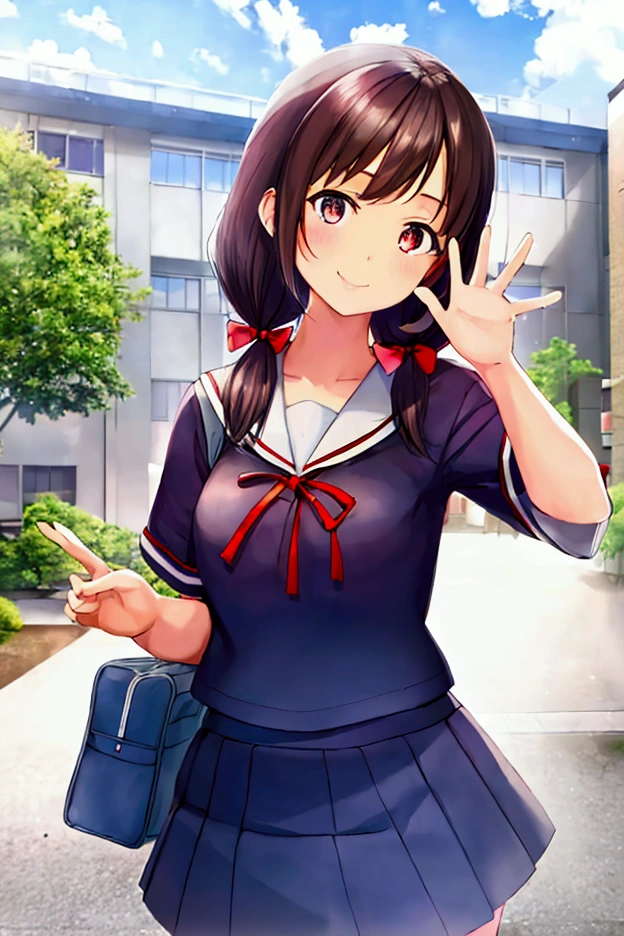 1girl, standing, (waving at the camera with left hand), (hand on chest with right hand), (head tilt), smile, 15yo, standing, gentle smile, 15yo, head tilt, school building on the back, 3-story white school building, outdoor, tree on side, (low twintails), red ribbon on hair, very long black hair, white serafuku with blue ribbon, navy-blue collar, navy-blue skirt, (dark brown eye), school bag on right shoulder, afternoon, summer, school, (from front:1.4), upper body, anime, high brightness, detailed face, detailed eyes, (high quality, ultra detailed, masterpiece, super detail, highres, anatomically correct, UDH), good hands, good fingers Japanese anime style, extremely cute