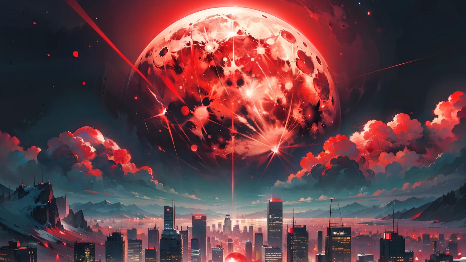 ((best quality)), ((masterpiece)), (detailed), full moon, red theme, redmoon, mountains and a big city, with many shiny skyscrapers inside a mountain valley in the center, highly detailed, city emitting neon purple light, ray tracing, UHD, red clouds, red rain drops fall down from the sky