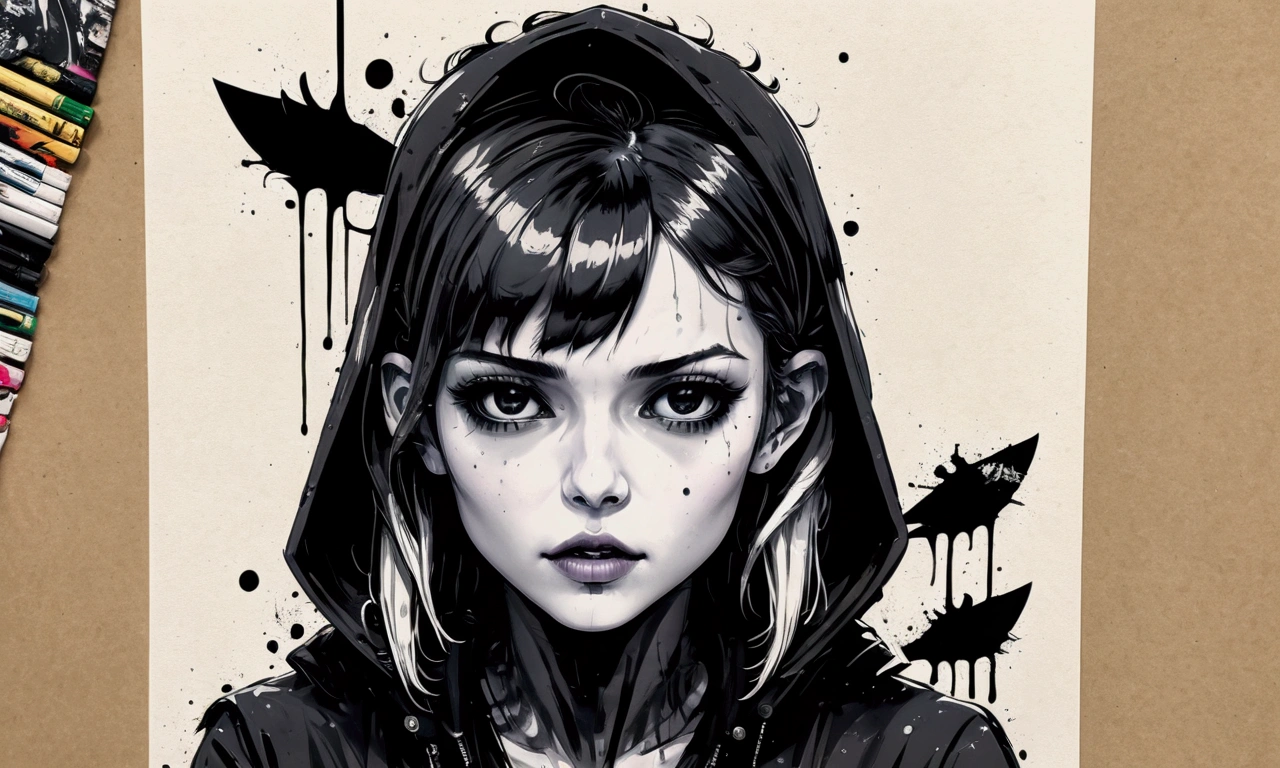 Create a creepy and uniquely captivating hand painted ink wash painting on torn vintage comic book pages mixed media art piece by Louis Jover and Harumi Hironaka portraying a portrait of a moody and rebellious young goth girl with pale skin, gebleichte Kinnlänge, glattes, strahlend weißes Haar mit stumpfem Pony, dicker schwarzer Eyeliner und dunkelschwarze Schmolllippen. Sie trägt einen schwarzen Kapuzenpullover mit Reißverschluss. dunkle Fantasie, 8K-Auflösung, sinister, ominöse Konzeptkunst, by Artgerm, Louis Jover, and Harumi Hironaka, kompliziert, elegant, hochdetaillierte zerrissene Zeitung Hintergrund Multimedia digitale Malerei, glatt, scharfer Fokus, Illustration. Straßenkunst, Graffiti, lebendiger Kontrast