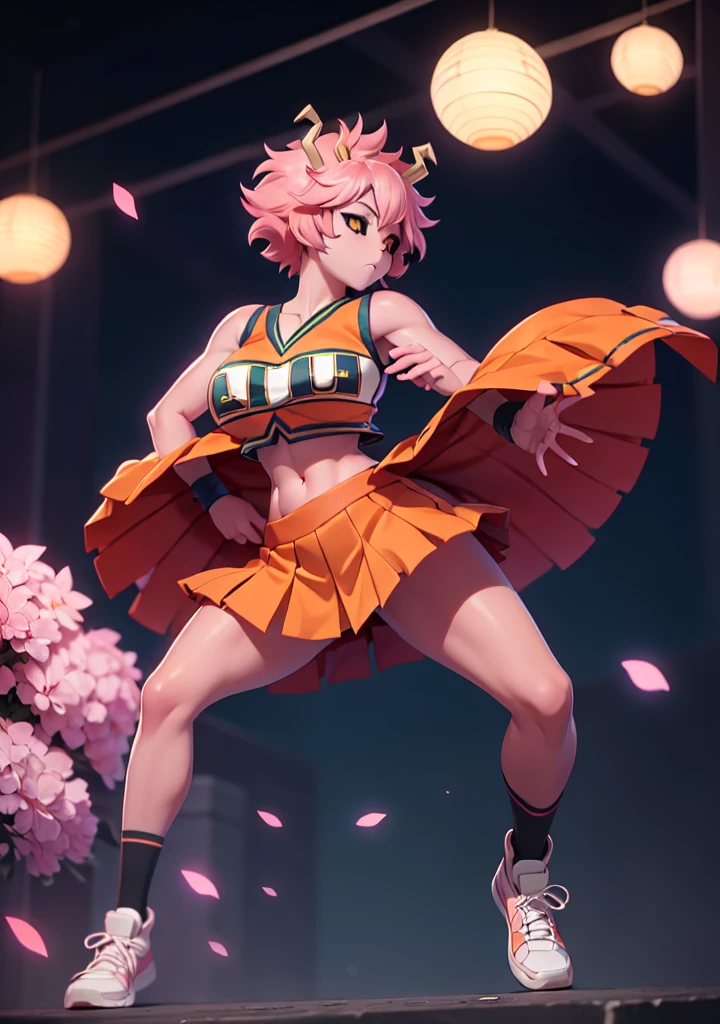 mina ashido, 1girl, solo, looking at viewer, short hair, simple background, yellow eyes, pink hair, horns, colored skin, colored sclera, black sclera, pink skin, U.A. CheerUniform, orange skirt, (bare belly), perfect shading, bare shoulders, big breasts