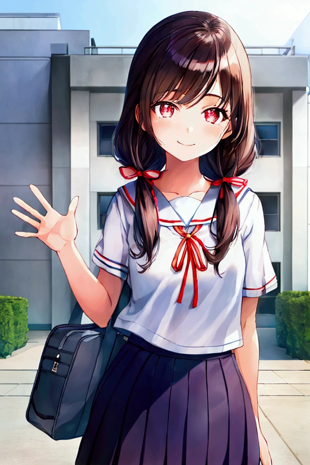 1girl, standing, (waving at the camera with left hand), (hand on chest with right hand), (head tilt), smile, 15yo, standing, gentle smile, 15yo, head tilt, school building on the back, 3-story white school building, outdoor, tree on side, (low twintails), red ribbon on hair, very long black hair, white serafuku with blue ribbon, navy-blue collar, navy-blue skirt, (dark brown eye), school bag on right shoulder, afternoon, summer, school, (from front:1.4), upper body, anime, high brightness, detailed face, detailed eyes, (high quality, ultra detailed, masterpiece, super detail, highres, anatomically correct, UDH), good hands, good fingers, Japanese anime style, extremely cute