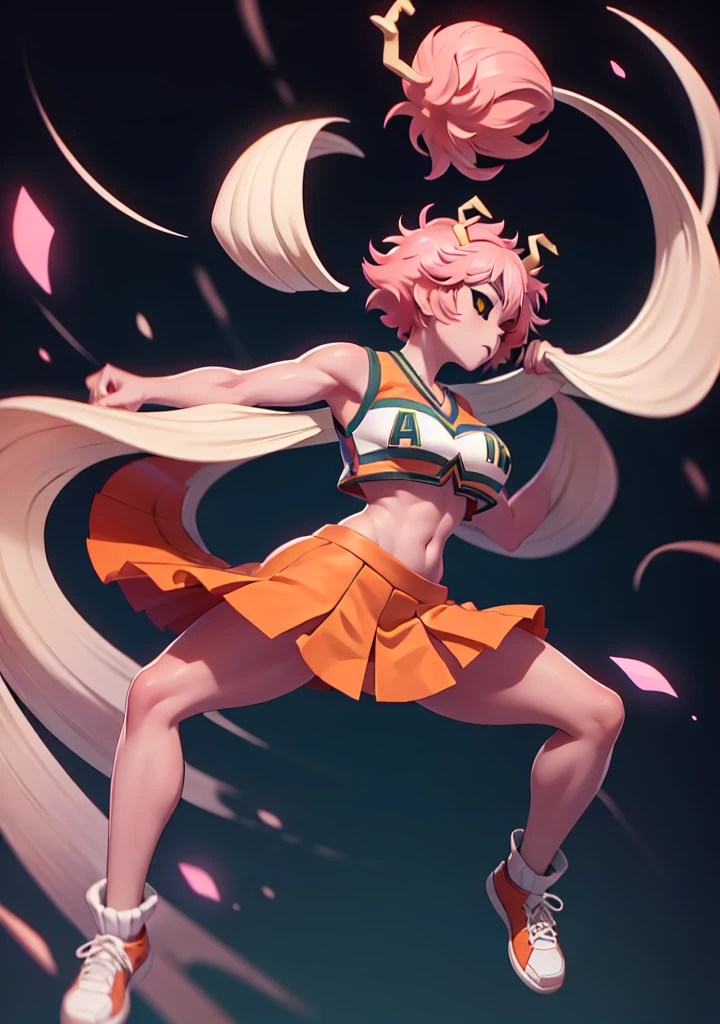 mina ashido, 1girl, solo, looking at viewer, short hair, simple background, yellow eyes, pink hair, horns, colored skin, colored sclera, black sclera, pink skin, U.A. CheerUniform, orange skirt, (bare belly), perfect shading, bare shoulders, big breasts