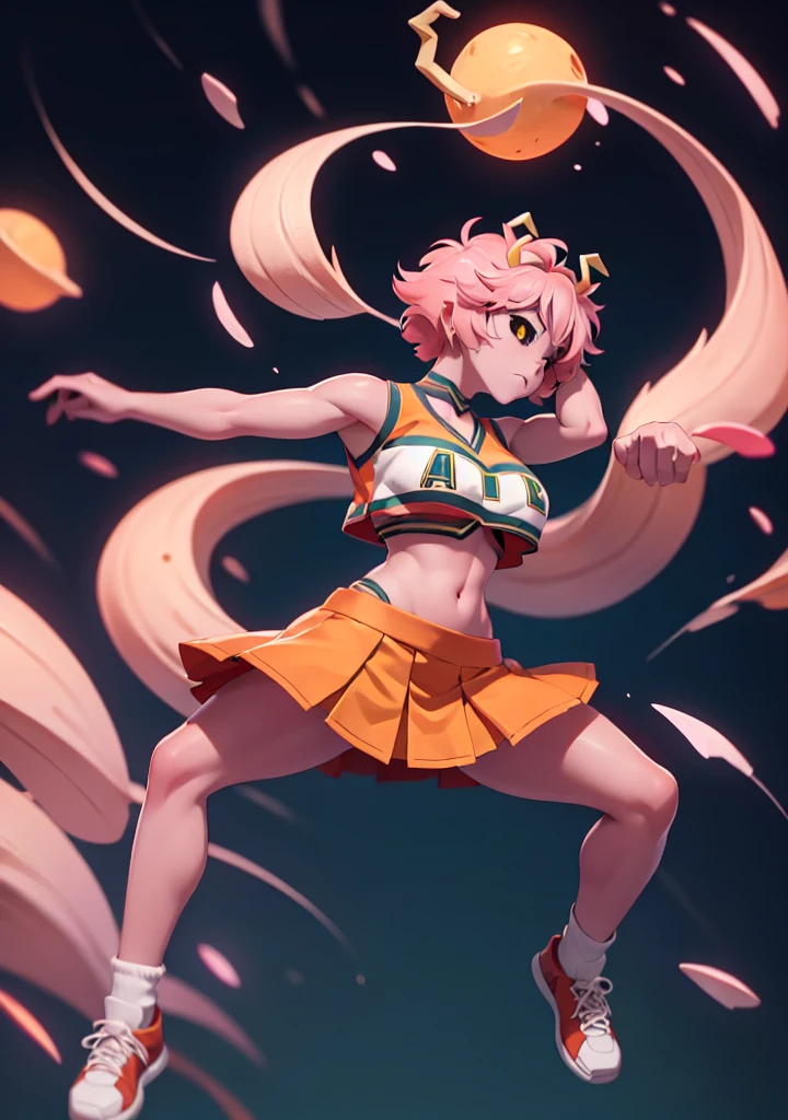 mina ashido, 1girl, solo, looking at viewer, short hair, simple background, yellow eyes, pink hair, horns, colored skin, colored sclera, black sclera, pink skin, U.A. CheerUniform, orange skirt, (bare belly), perfect shading, bare shoulders, big breasts