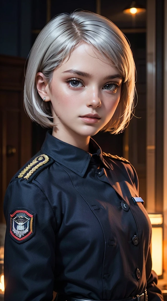 black woman, light smile, glowing skin, better quality, illustration, (realistic:1.4) 여성 soldier, female officer, soldier, military uniform, Permed hair, silver hair, black eyes, short hair