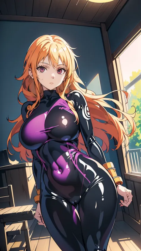  1 female,Browsing Caution, ((Stand up), Nami(ONEPIECE),Orange Hair,  (((Black latex tight bodysuit))),  clavicle, Hollow Eyes, ...