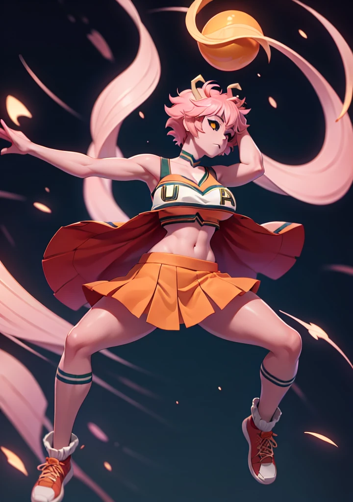 mina ashido, 1girl, solo, looking at viewer, short hair, simple background, yellow eyes, pink hair, horns, colored skin, colored sclera, black sclera, pink skin, U.A. CheerUniform, orange skirt, (bare belly), perfect shading, bare shoulders, big breasts