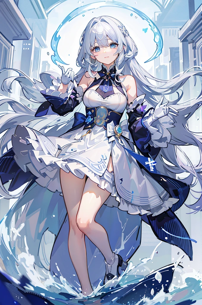 A woman with white hair and blue eyes、adult、Long, fluffy wavy hair、Braiding、Wearing hair ornaments、Smiling、Elegant and ladylike、Elegant、Princess、White gloves、Wearing a white and blue cape、dress、Wave pattern、Decorations such as roses and drops、dressの前の丈は短く後ろが長い、Garter Ring、short boots、water、Fantasy