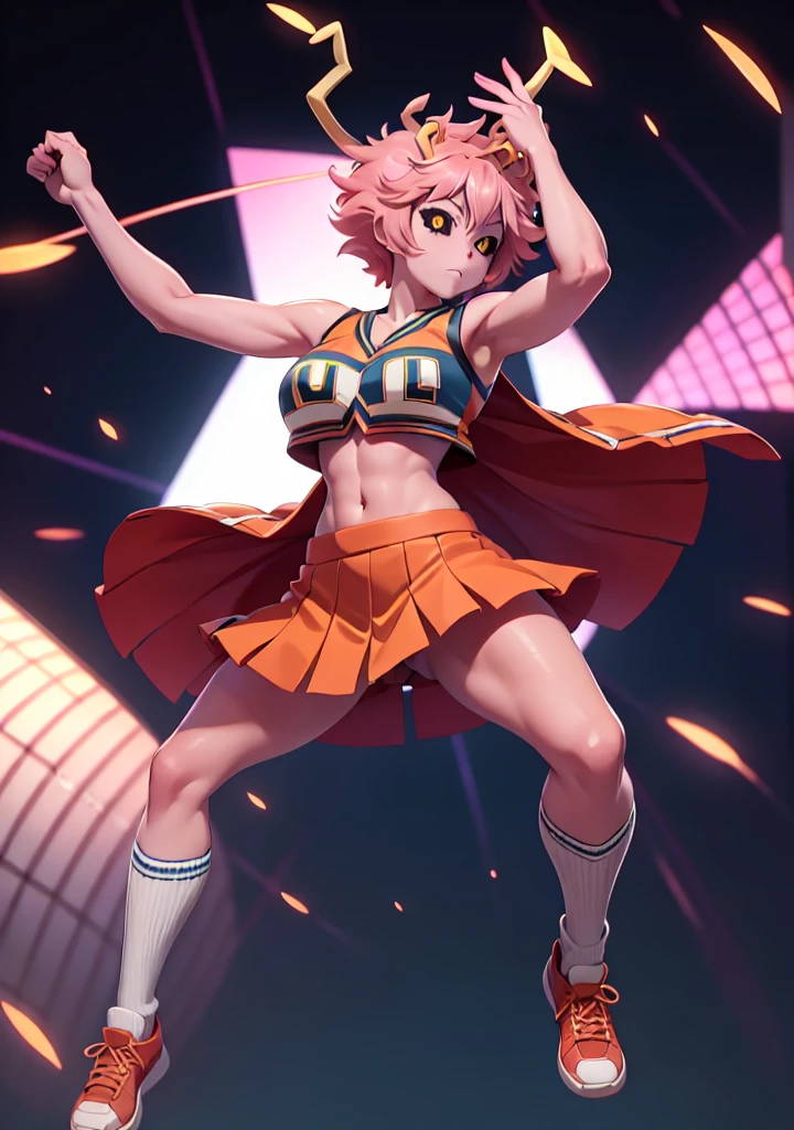 mina ashido, 1girl, solo, looking at viewer, short hair, simple background, yellow eyes, pink hair, horns, colored skin, colored sclera, black sclera, pink skin, U.A. CheerUniform, orange skirt, (bare belly), perfect shading, bare shoulders, big breasts