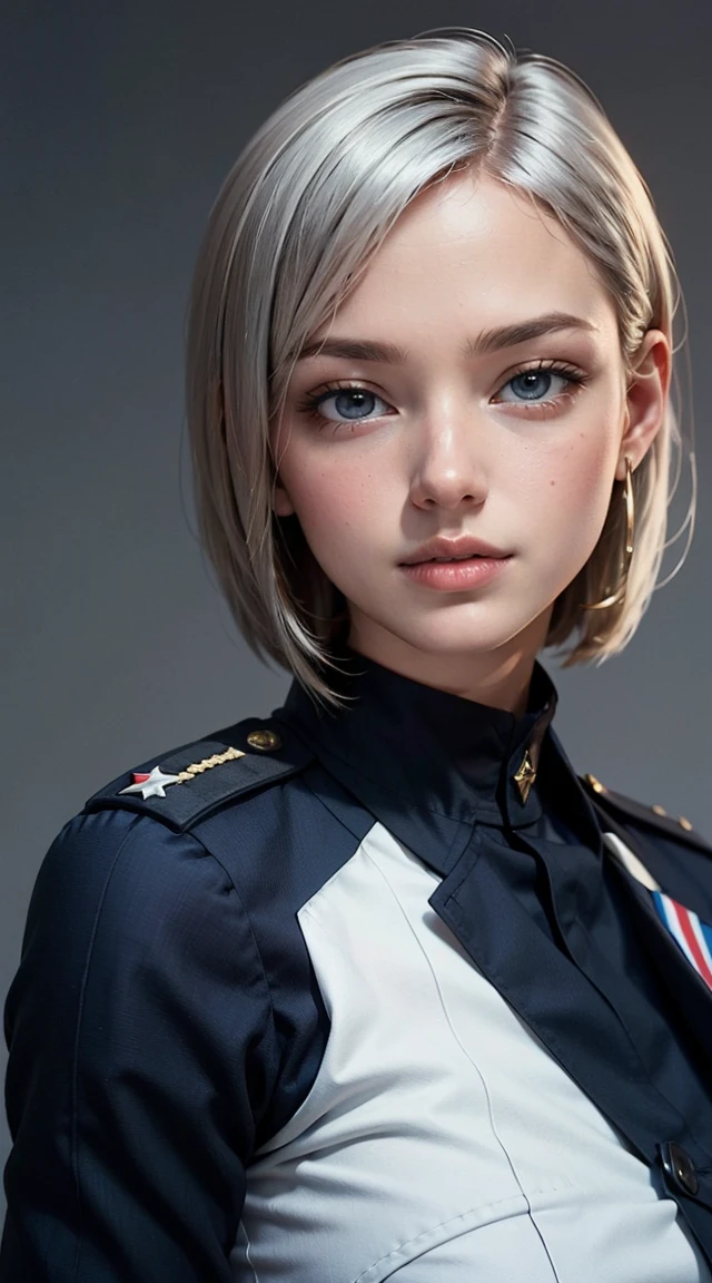 black woman, light smile, glowing skin, better quality, illustration, (realistic:1.4) 여성 soldier, female officer, soldier, military uniform, Permed hair, silver hair, black eyes, short hair