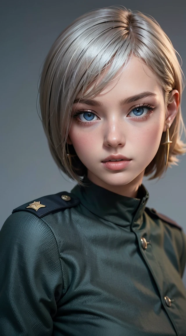 black woman, light smile, glowing skin, better quality, illustration, (realistic:1.4) 여성 soldier, female officer, soldier, military uniform, Permed hair, silver hair, black eyes, short hair