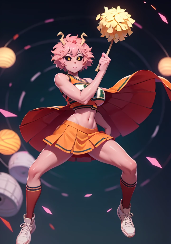 mina ashido, 1girl, solo, looking at viewer, short hair, simple background, yellow eyes, pink hair, horns, colored skin, colored sclera, black sclera, pink skin, U.A. CheerUniform, orange skirt, (bare belly), perfect shading, bare shoulders, big breasts