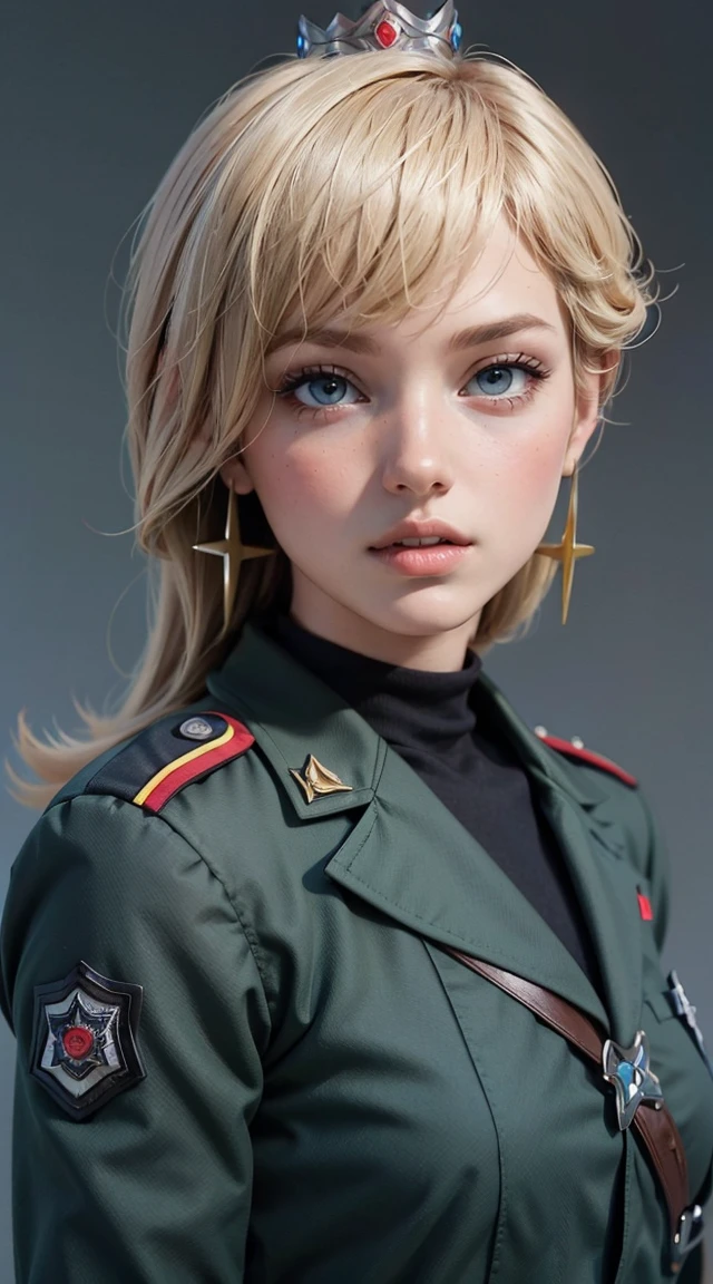 black woman, light smile, glowing skin, better quality, illustration, (realistic:1.4) 여성 soldier, female officer, soldier, military uniform, Permed hair, silver hair, black eyes, short hair