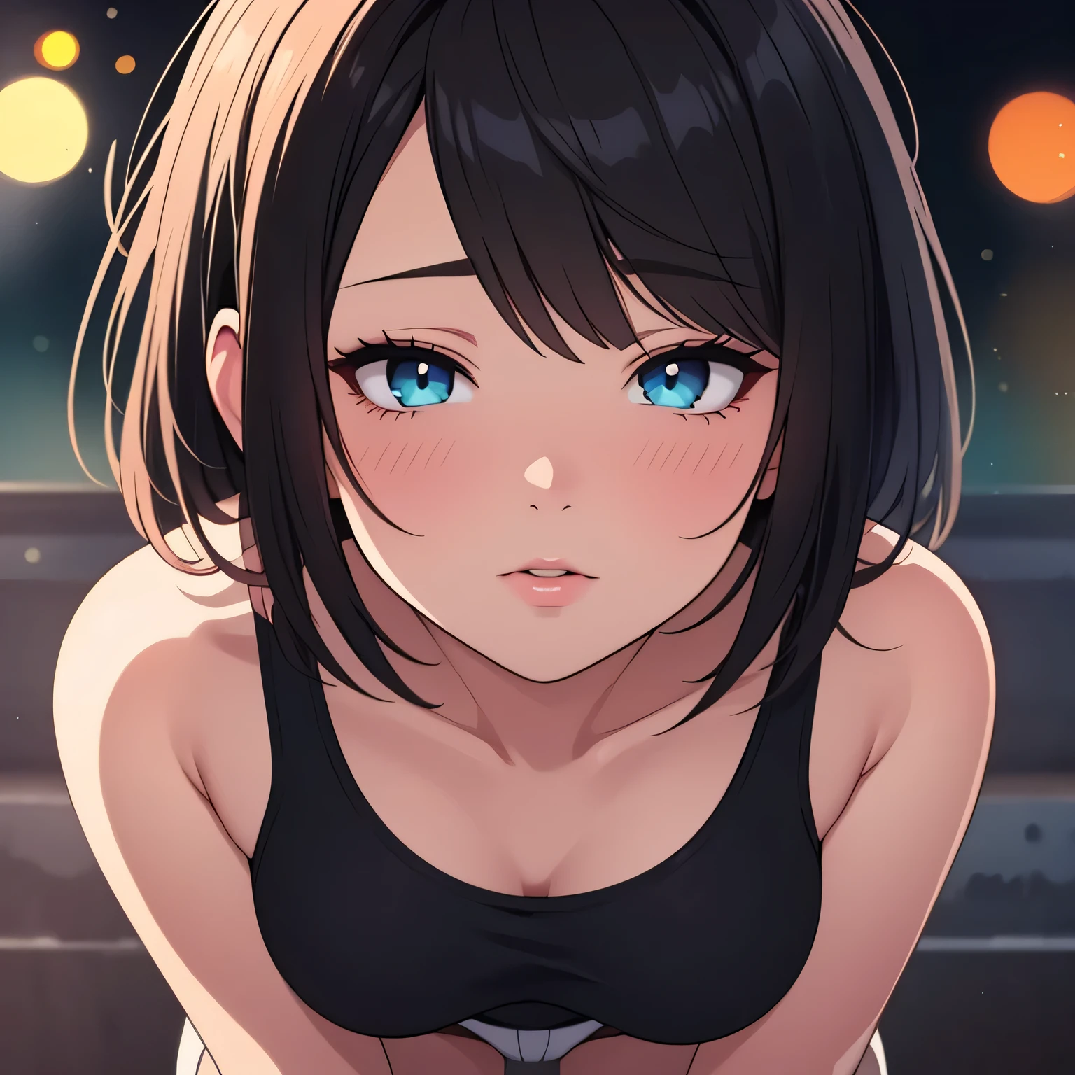 1girl, close up shot, captivating gaze, flawless makeup, alluring figure, thick thighs, wide hips, provocative aura, childhood best friend, glowing up, black tank top, black short shorts, (best quality,4k,8k,highres,masterpiece:1.2),ultra-detailed,(realistic,photorealistic,photo-realistic:1.37),HDR,UHD,studio lighting,ultra-fine painting,sharp focus,physically-based rendering,extreme detail description,professional,vivid colors,bokeh,portraits