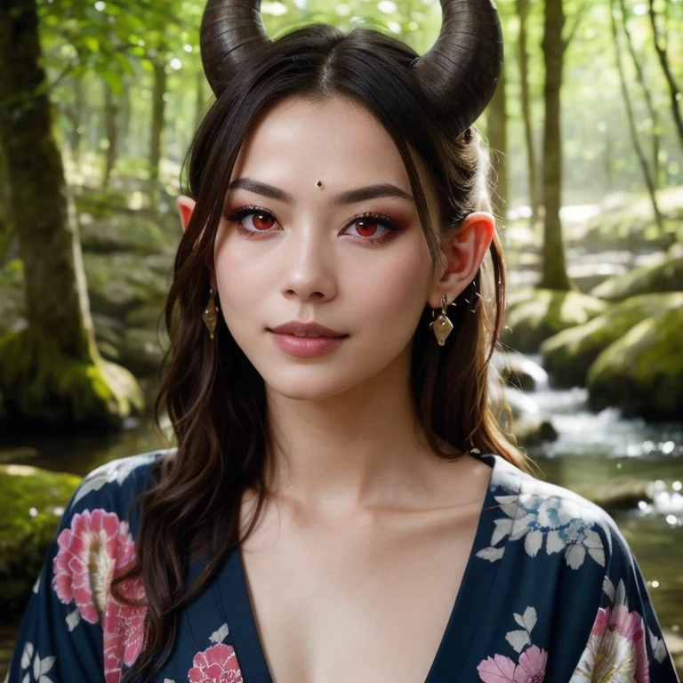 tiefling:1.2, alone, One girl, A small horn 1 inch high, Long Hair, whiteの髪, 青 colored skin, Pointed Ears, lips, Blurred, Upper Body, jewelry, kimono, Blurred, Blurred background, Realistic:1.3, Depth of written boundary, Forest stream, (Perfect body, Beautiful Face, eye shadow, Beautiful red eyes, Detailed face), (sexy, Fascinating), (photoRealistic:1.6), (Mature Adult:1.25) white colored skin (white_skin)