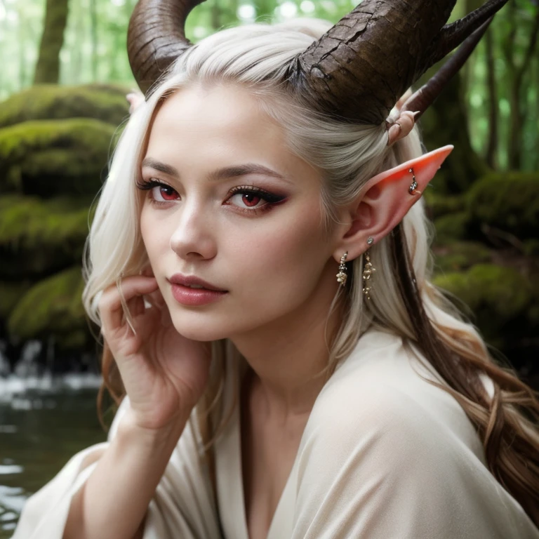 tiefling:1.2, alone, One girl, A small horn 1 inch high, Long Hair, whiteの髪, 青 colored skin, Pointed Ears, lips, Blurred, Upper Body, jewelry, kimono, Blurred, Blurred background, Realistic:1.3, Depth of written boundary, Forest stream, (Perfect body, Beautiful Face, eye shadow, Beautiful red eyes, Detailed face), (sexy, Fascinating), (photoRealistic:1.6), (Mature Adult:1.25) white colored skin (white_skin)