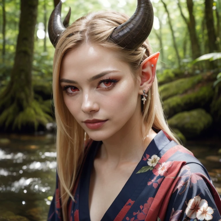 tiefling:1.2, alone, One girl, A small horn 1 inch high, Long Hair, whiteの髪, 青 colored skin, Pointed Ears, lips, Blurred, Upper Body, jewelry, kimono, Blurred, Blurred background, Realistic:1.3, Depth of written boundary, Forest stream, (Perfect body, Beautiful Face, eye shadow, Beautiful red eyes, Detailed face), (sexy, Fascinating), (photoRealistic:1.6), (Mature Adult:1.25) white colored skin (white_skin)