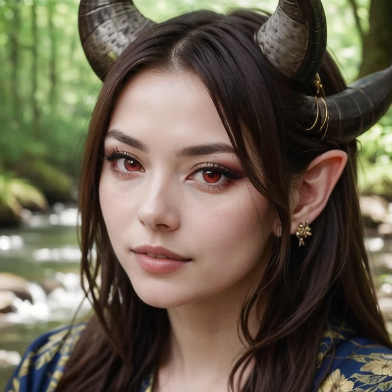 tiefling:1.2, alone, One girl, A small horn 1 inch high, Long Hair, whiteの髪, 青 colored skin, Pointed Ears, lips, Blurred, Upper Body, jewelry, kimono, Blurred, Blurred background, Realistic:1.3, Depth of written boundary, Forest stream, (Perfect body, Beautiful Face, eye shadow, Beautiful red eyes, Detailed face), (sexy, Fascinating), (photoRealistic:1.6), (Mature Adult:1.25) white colored skin (white_skin)