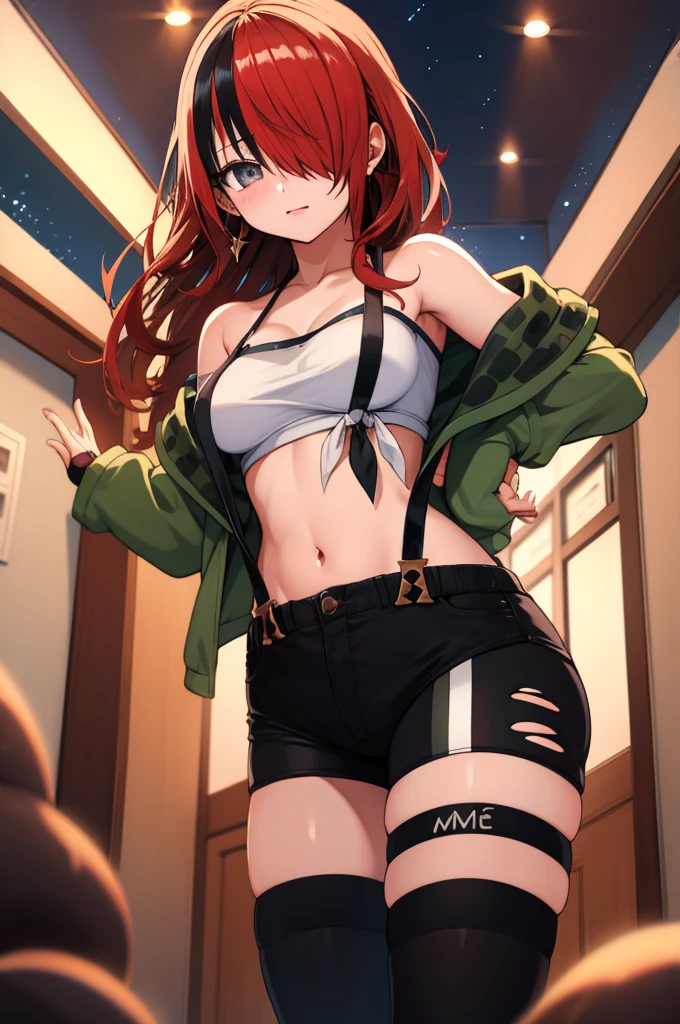 masterpiece, best quality, highres, hmlain, long hair, , ponytail, streaked hair, hair over one eye,, , hair over one eye, earrings, ,indoor,night view,looking viewer,, tube top, pouch, off shoulder, green jacket, open jacket, long sleeves, fingerless gloves, midriff, suspender shorts, black shorts, thigh strap, black thighhighs,,standing