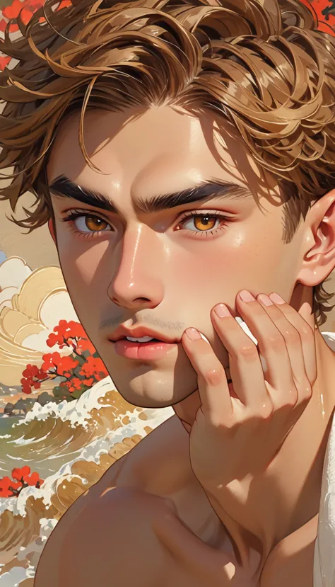 1 male, impressionist style, brushwork, hazel brown eyes, sharp brows, long eyelashes, skin tawny, deep tan, curtain bangs, tape...