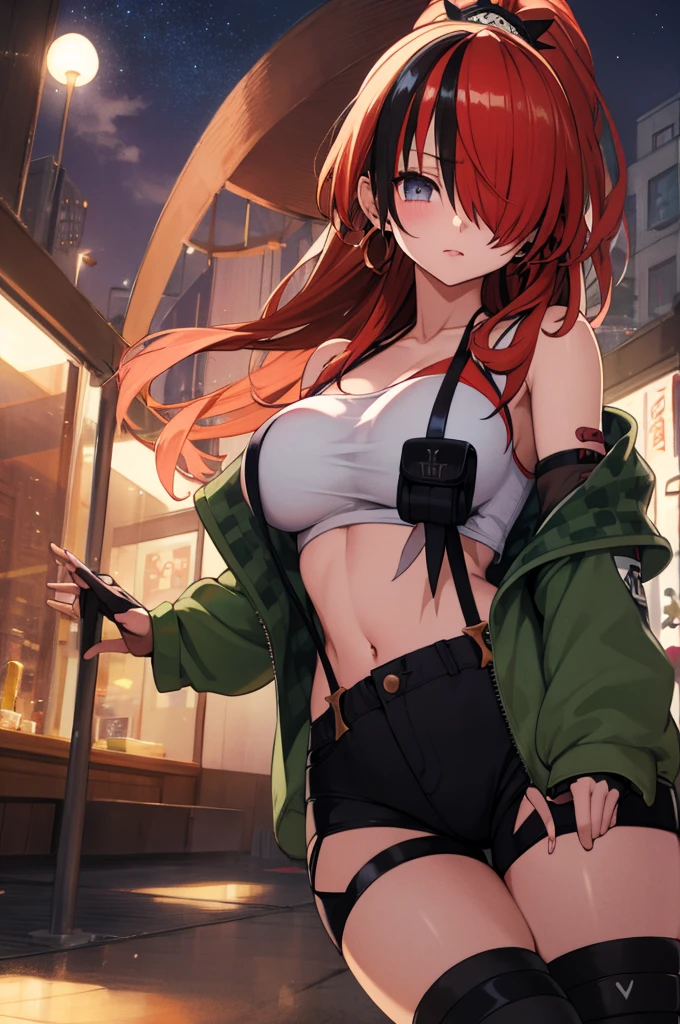 , hmlain, long hair, , ponytail, streaked hair, hair over one eye,, , hair over one eye, earrings, ,indoor,night view,looking viewer,, tube top, pouch, off shoulder, green jacket, open jacket, long sleeves, fingerless gloves, midriff, suspender shorts, black shorts, thigh strap, black thighhighs,big breasts