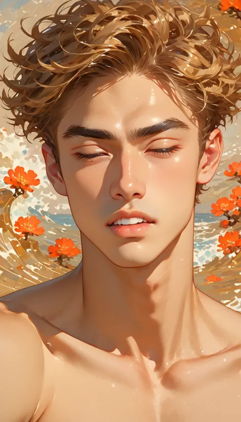 1 male, impressionist style, brushwork, hazel brown eyes, sharp brows, long eyelashes, skin tawny, deep tan, curtain bangs, tape...