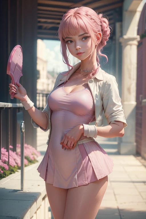 and 8K,premium,real image,intricate details,超High resolution,depth field,masseter piece,natural soft light,Professional lighting,1 girl in,(cute little:1.2),an extremely beautiful 1 girl,A detailed eye,((pink eyes)),(pink hair),(with short hair),(fringe),Perfect skin,shiny skin,white and light skin,thin skin,((perfect anatomy,good hand,perfect hand,Five fingers connected to the palm of the hand.,precise hands without incongruity)),Perfect raw legs,delicate legs,perfect proportions,tennis player,perfect face,big and full breasts, big hard nipples, convex buttocks,white polo shirt,Short white pleated skirt,White sports socks,WHITE TENNIS,High ponytail,a wet body,Shake the paddle,sunny day,clouds, Thigh closeup, Focus on the buttocks(thin smile)),(out of home),(tennis coat)