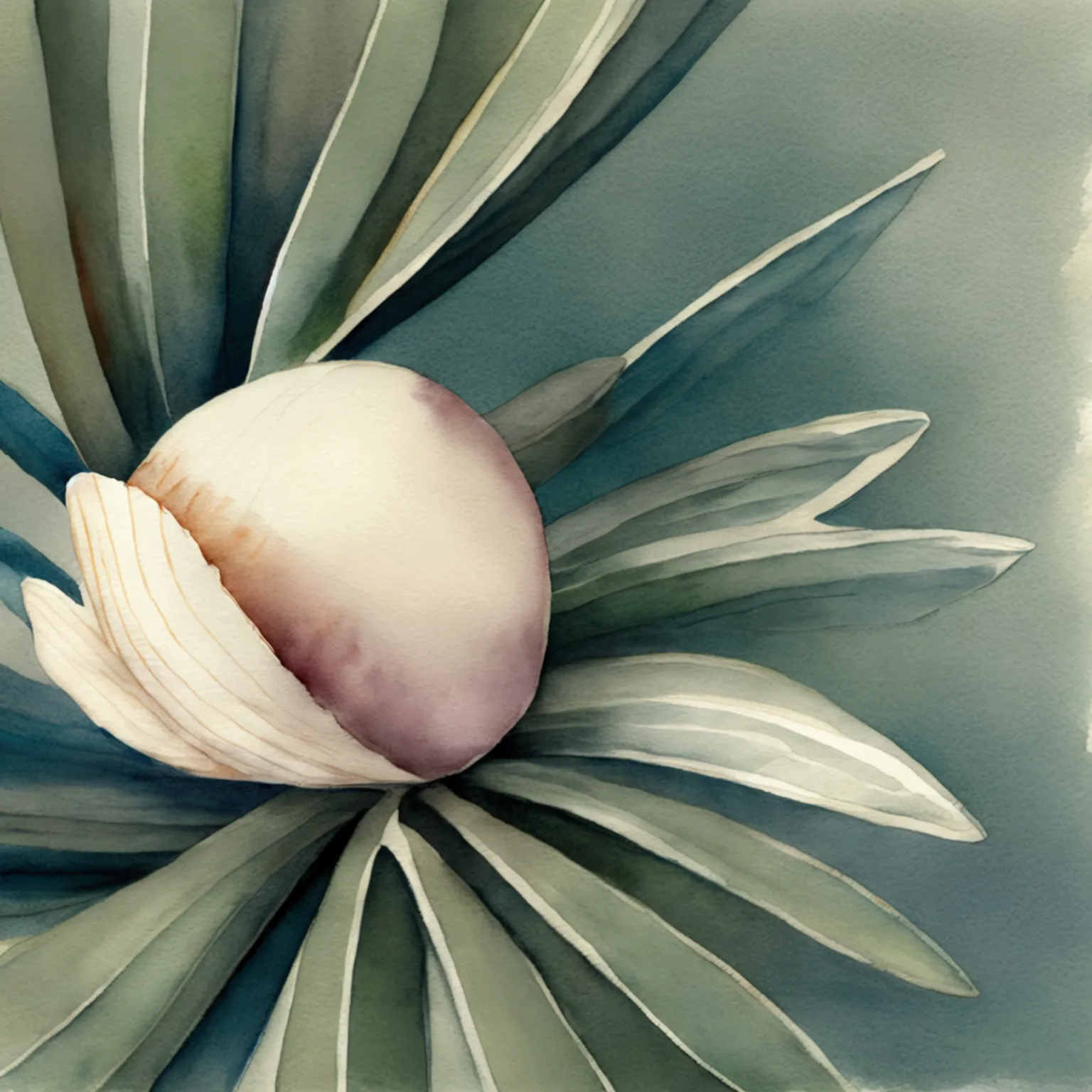 A delicate watercolor depiction of a minimalist seashell, capturing its clean, curved lines and soft, muted colors.