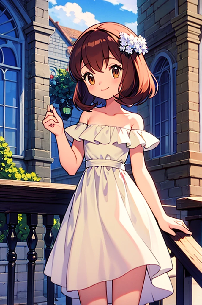 masterpiece, best quality, highres, outdoors, small breasts, 1 girl, Solo, Pokemon Heroes (Bianca), Brown Eyes, Beautiful Detail Eyes, Brown Hair, hands are down, Smile, Bare Neck, Bare Shoulders, strapless, White Ruffle Off-the-Shoulder maxi dress. light smile, intricate details, sharp focus, high resolution, sunlight, standing on a railing, outside the Werribee Park Mansion, and a beautiful garden, cowboy shot, blue skies and clouds, cinema lighting
