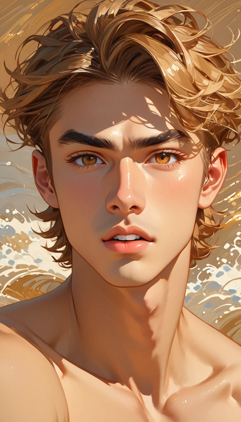 1 male, Impressionist style, Brushwork, hazel brown eyes, sharp brows, long eyelashes, skin tawny, deep tan, curtain bangs, tapered undercut, middle part, textured waves, golden brown hair, highlights, almond eyes, slight upward tilt at outer corners, strong facial features, hair is a mop of tousled waves, voluminous hair , Adam's Apple, lower back dimples, canine teeth slightly set back (one chipped), rough and tumble, defined/sharp jawline, faint cleft, high cheekbones, lips (dark coral, plush, deep commissures, Cupid's bow), thick flat brows with a slight arch (nick scar on right), straight nose (narrow bridge), small mole near ear, smooth face, no facial hair, blonde eyebrows, naked, whimpering, jerking off, one hand covering mouth, one eye closed, full body shot