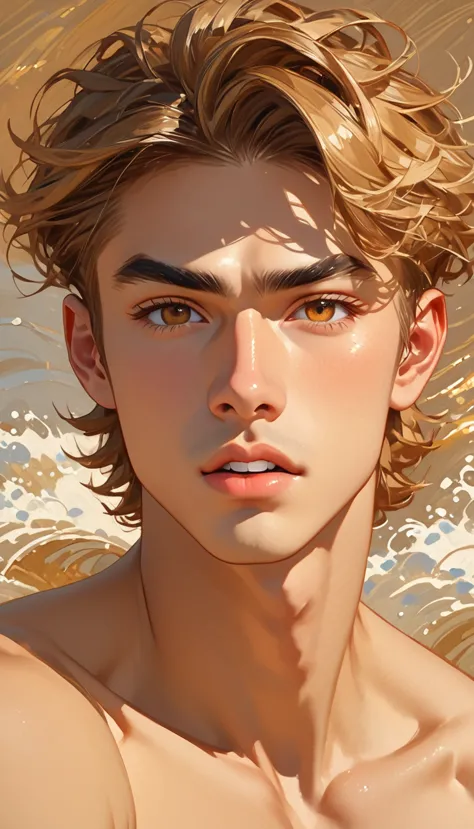 1 male, impressionist style, brushwork, hazel brown eyes, sharp brows, long eyelashes, skin tawny, deep tan, curtain bangs, tape...