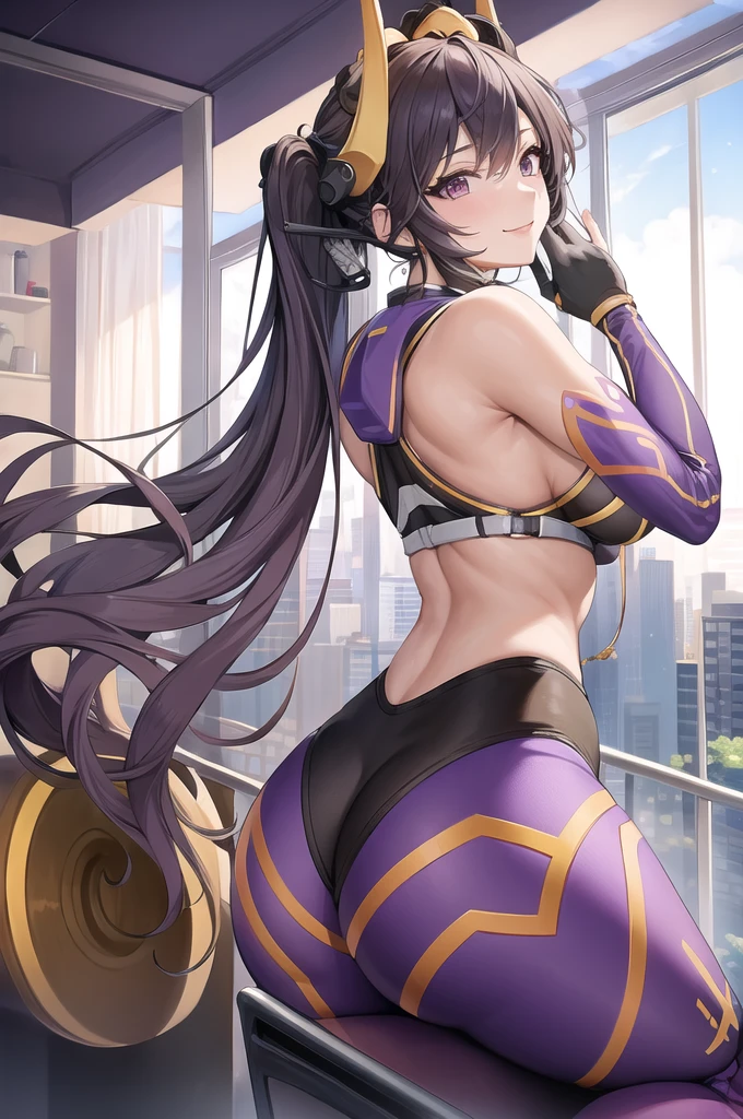 (masterpiece, best quality:1.2), intricate details, ip2, 1girl, headgear, bodysuit, bare shoulders, twintails, elbow gloves, light smile, large breasts, mature female, purple eyes, big ass, looking from behind.